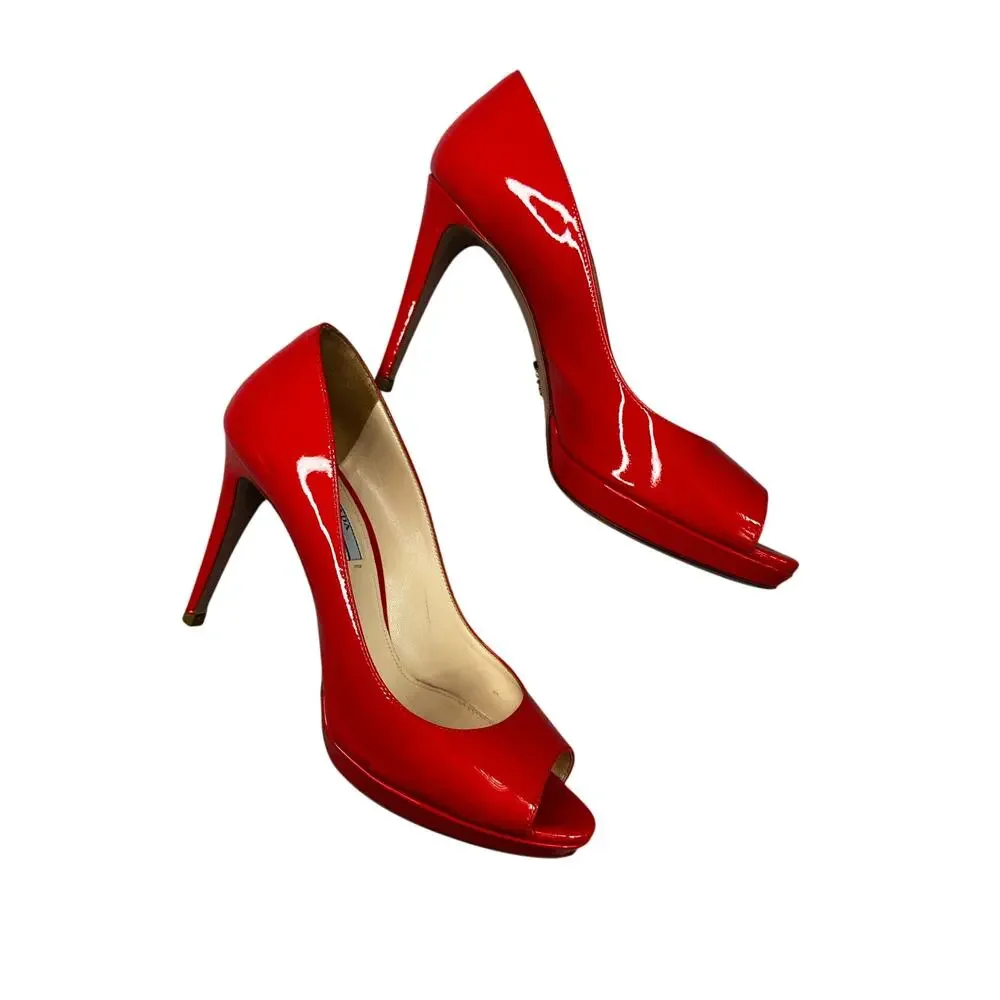 Prada Peep Toe Platform Pumps Red Patent Leather High Stiletto